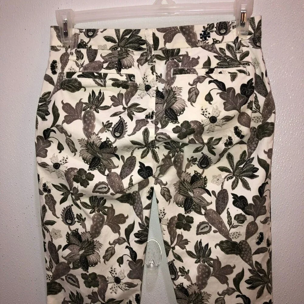 Tory Burch Size 25 White Beige Leaves Stretch Pockets Flat Front Chino Pants